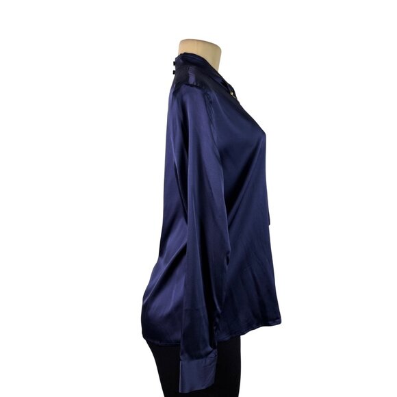 LILYSILK Womens Navy Blue Silk Long Sleeve Blouse With Tie Neck Detail Size M - Picture 4 of 11